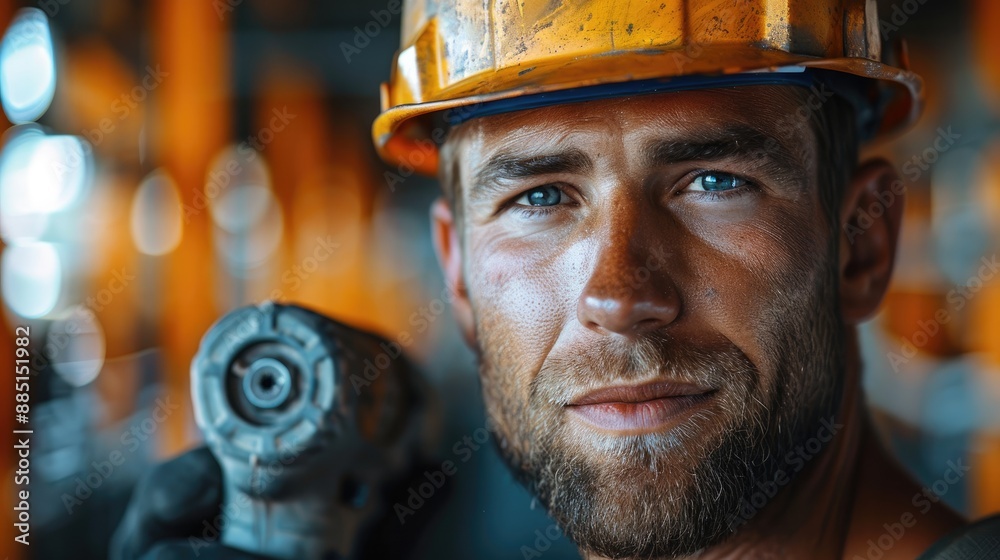Poster builder with a drill, close-up of a builder in a helmet holding a drill. generative ai.