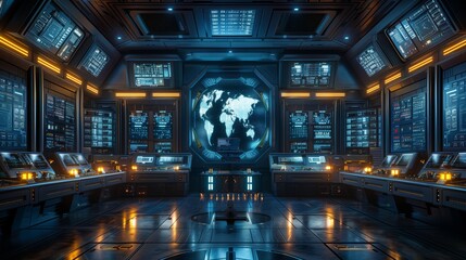 Advanced Control Room with Data and Global Displays. Advanced control room filled with data and global displays, representing cutting-edge logistics management and monitoring systems.