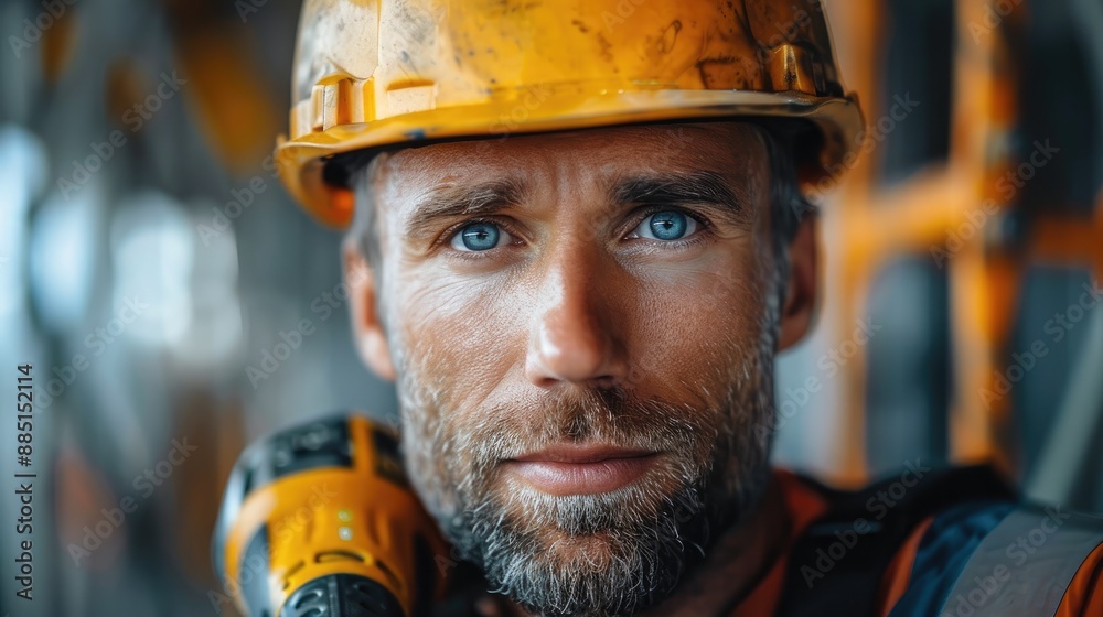Aufkleber builder with a drill, close-up of a builder in a helmet holding a drill. generative ai.