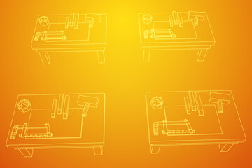 Craft carpentry workbench workshop interior. Wireframe low poly mesh vector illustration
