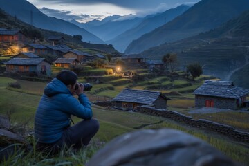 Fototapeta premium A photographer is peacefully capturing a beautiful mountain village scene at dusk during a serene moment. World Photo Day
