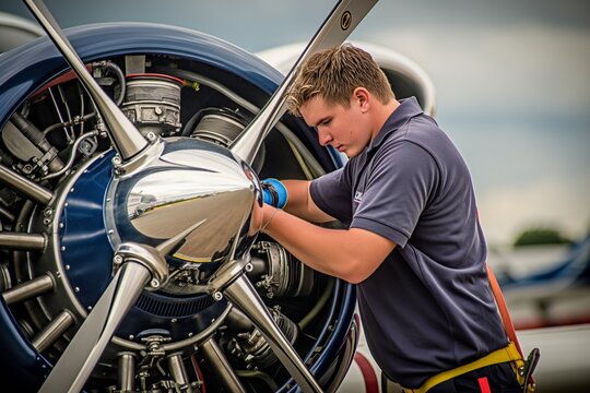 Aviation mechanic performing maintenance on an aircraft engine with precision and expertise in an airport hangar. National Aviation Day