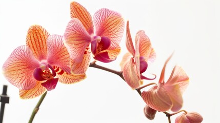 Gorgeous peach-colored phalaenopsis orchid branch is blooming against a white backdrop