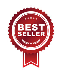 Best seller sticker label, red badge and Red ribbon with laurel wreath and Stars Decoration vector isolated , Premium Quality product, book cover , Premium goods , or your website ready to print