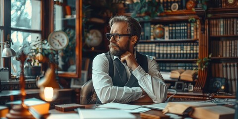 Obraz premium An elite man thinking in his study. Generative AI.