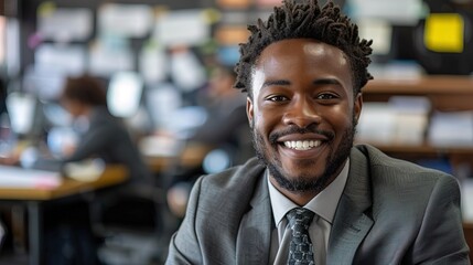 Obraz premium A professional looking black man smiling in a busy, paperwork-filled office setting 