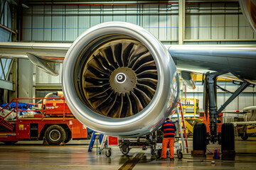Technicians in a hangar work on aircraft engine maintenance with precision, showcasing expertise in aviation. National Aviation Day