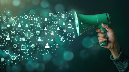 A hand holding a megaphone with glowing social media icons and people symbols on a dark green background, concept of marketing or advertising a social network service.