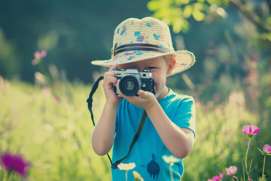 A smiling child wearing a hat is taking photos with a vintage camera in a beautiful natural setting. World Photo Day