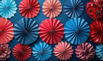 american flag colors folding paper fans on blue background happy president s day or h of july banner template