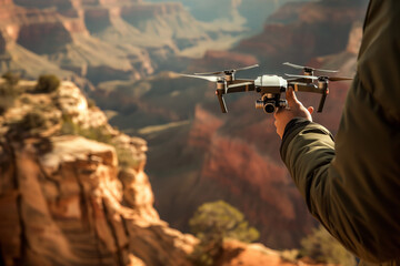 A person uses a drone to capture aerial photos of the Grand Canyon for photography, highlighting its scenic beauty. National Aviation Day, World Photo Day