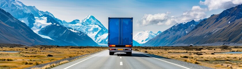 Obraz premium blue semi-truck driving through scenic mountain valley landscape in new zealand.