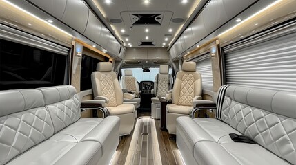 Customized business minibus, six seats, business style, wooden floor, leather sofa, luxury, high-end, clean, black and white tones. Generative AI.