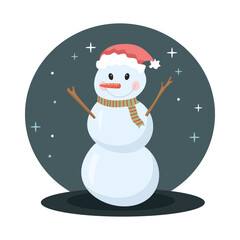 Snowman wearing santa hat smiling at night