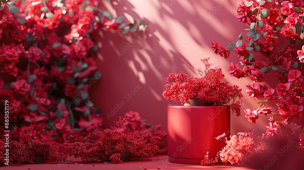 Sticker Red Flowers and Pot in a Red Background