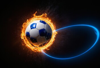Naklejka premium Soccer Ball of Fire: Mesmerizing Blue Flames Illuminate the Night Sky