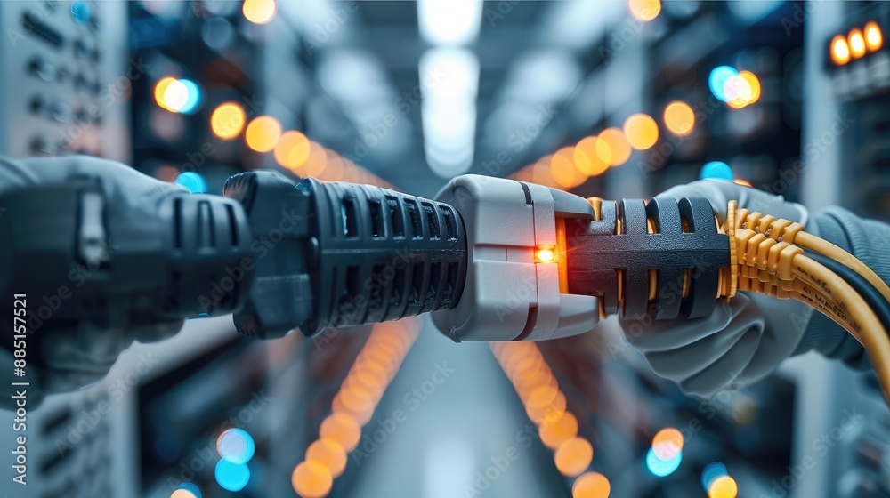 Poster Connecting two parts of a power current extension cord, in the background a server room. Generative AI.