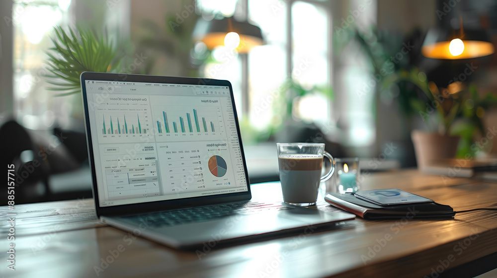 Aufkleber A modern office setting with a sleek desk featuring a high-end laptop open to a tool dashboard, a coffee cup next to the laptop, a notepad with handwritten notes. Generative AI.