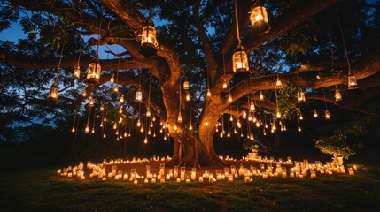 Fototapeta premium Night wedding ceremony with a lot of candles and vintage lamps on big tree 