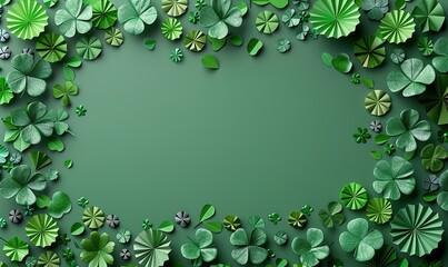 Obraz premium frame of folding paper fans,shamrock confetti on green background happy st patricks day banner cover party invitation mockup
