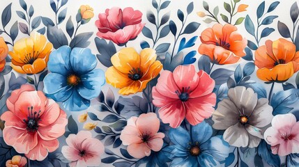 Watercolor Floral Pattern in Vibrant Pink, Blue, Orange, and Brown