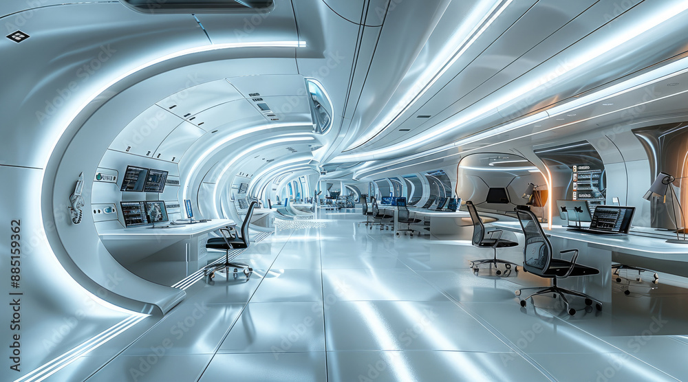 Poster a sleek it department with high-tech workstations, cable management systems, and a futuristic design