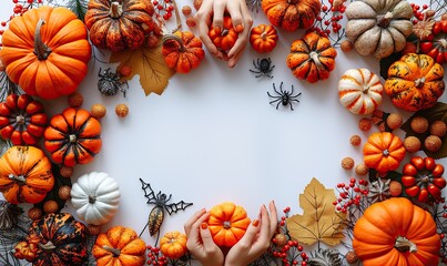 happy halloween holiday concept halloween double border banner flat lay top view halloween decorations bats spiders webs skeleton hands ghosts on white table