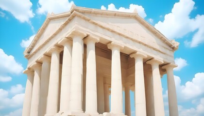 Obraz premium Illustrate grand temples with Doric columns and detailed friezes, set against a bright blue sky with scattered white clouds. 