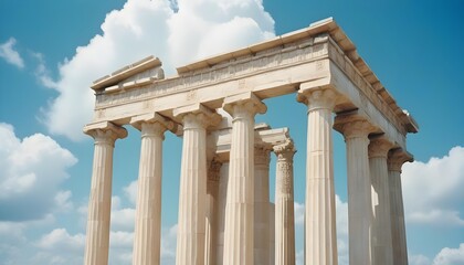 Fototapeta premium Illustrate grand temples with Doric columns and detailed friezes, set against a bright blue sky with scattered white clouds. 