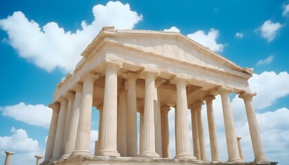 Obraz premium Illustrate grand temples with Doric columns and detailed friezes, set against a bright blue sky with scattered white clouds. 