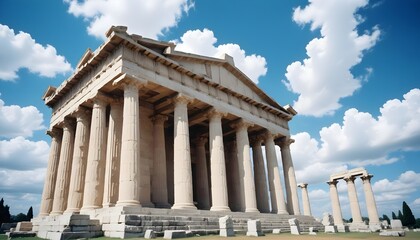Naklejka premium Illustrate grand temples with Doric columns and detailed friezes, set against a bright blue sky with scattered white clouds. 