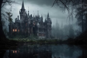 Obraz premium Cursed lake Gothic style castle architecture building.