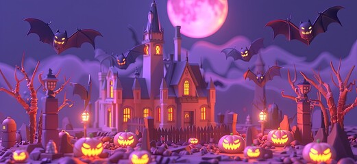 3D cartoon vector illustration of a moonlit night with flying bats and a creepy castle in the background, leaving ample space for text