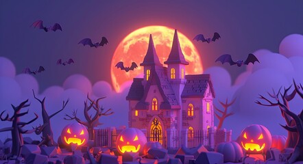 3D cartoon vector illustration of a moonlit night with flying bats and a creepy castle in the background, leaving ample space for text