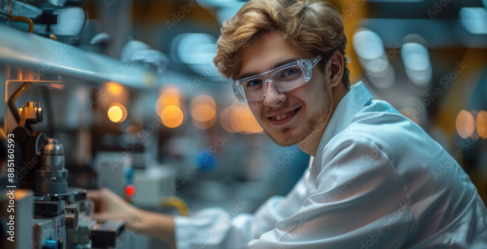 Poster the young scientist is smiling, engaged in robotics, a bright atmosphere. generative ai.