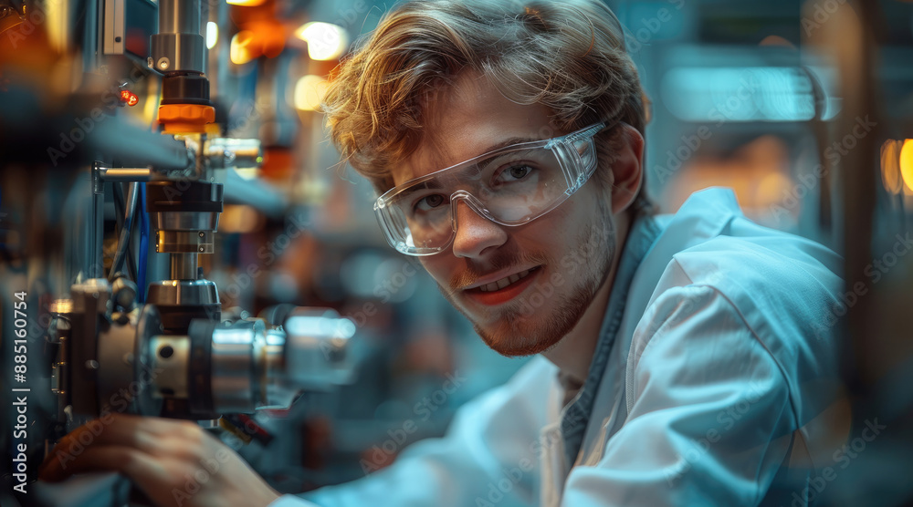 Poster the young scientist is smiling, engaged in robotics, a bright atmosphere. generative ai.
