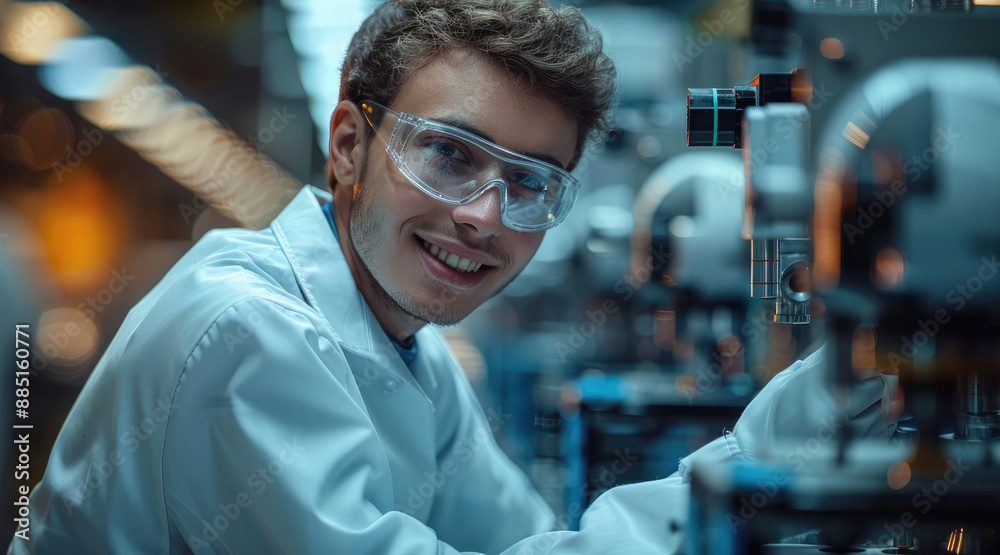 Poster the young scientist is smiling, engaged in robotics, a bright atmosphere. generative ai.