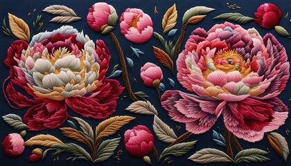 Peony Flowers on Embroidery Art 