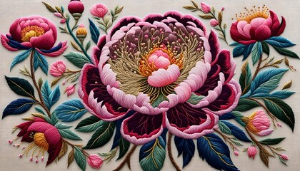 Peony Flowers on Embroidery Art 