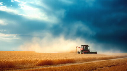 Fototapeta premium Combine harvester working in a large wheat field under a dramatic, cloudy sky, creating a trail of dust while harvesting the wheat.
