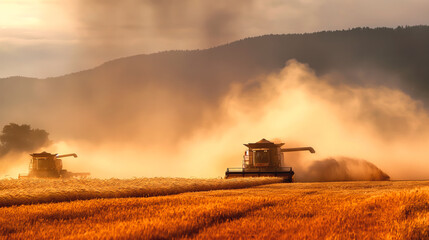 Fototapeta premium Combine harvesters working in a golden wheat field with hills in the background, producing dust clouds during the harvesting process.