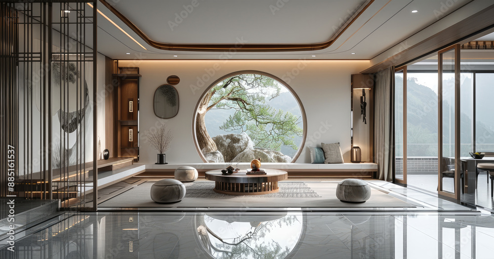 Wall mural Chinese style villa living room, Chinese ink painting inspired decorations and furniture in the space, large round window. Generative AI.