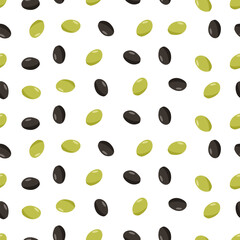 Seamless pattern of green and black olive berries. Vector wallpaper background for kitchen or textiles.