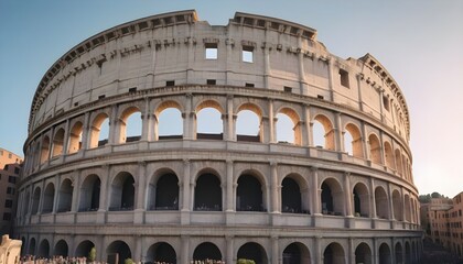 Naklejka premium ncient Roman structures like the Colosseum, with its towering arches and intricate stonework, under a clear sky.