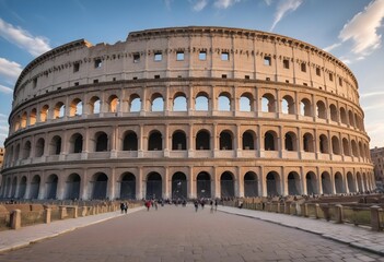 Naklejka premium ncient Roman structures like the Colosseum, with its towering arches and intricate stonework, under a clear sky.