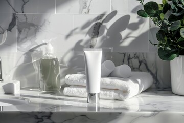 A mockup of an all white face wash tube with a sil  054 cup, coffee, tea, drink, breakfast, table, mug, beverage, cafe, morning, glass, business, hot, milk, hotel, food, room, teapot, plate, kitchen, 