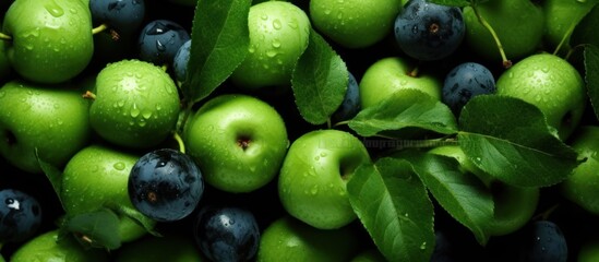 Obraz premium Green Apples, Plums and Leaves