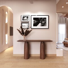 Brown wood sideboard in the hall with paintings on the wall. 3d illustration. 