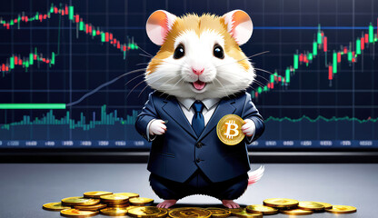 A hamster wearing a suit standing  among golden crypto coins with trading charts of stock exchange in the background.Hamster Kombat game on cryptocurrency mining, games for making money.Generative AI