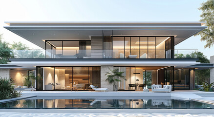Obraz premium Three story minimalist villa architectural design, with a flat roof and glass windows and white solid concrete walls, the building is decorated with rough brick and stone finishes. Generative AI.